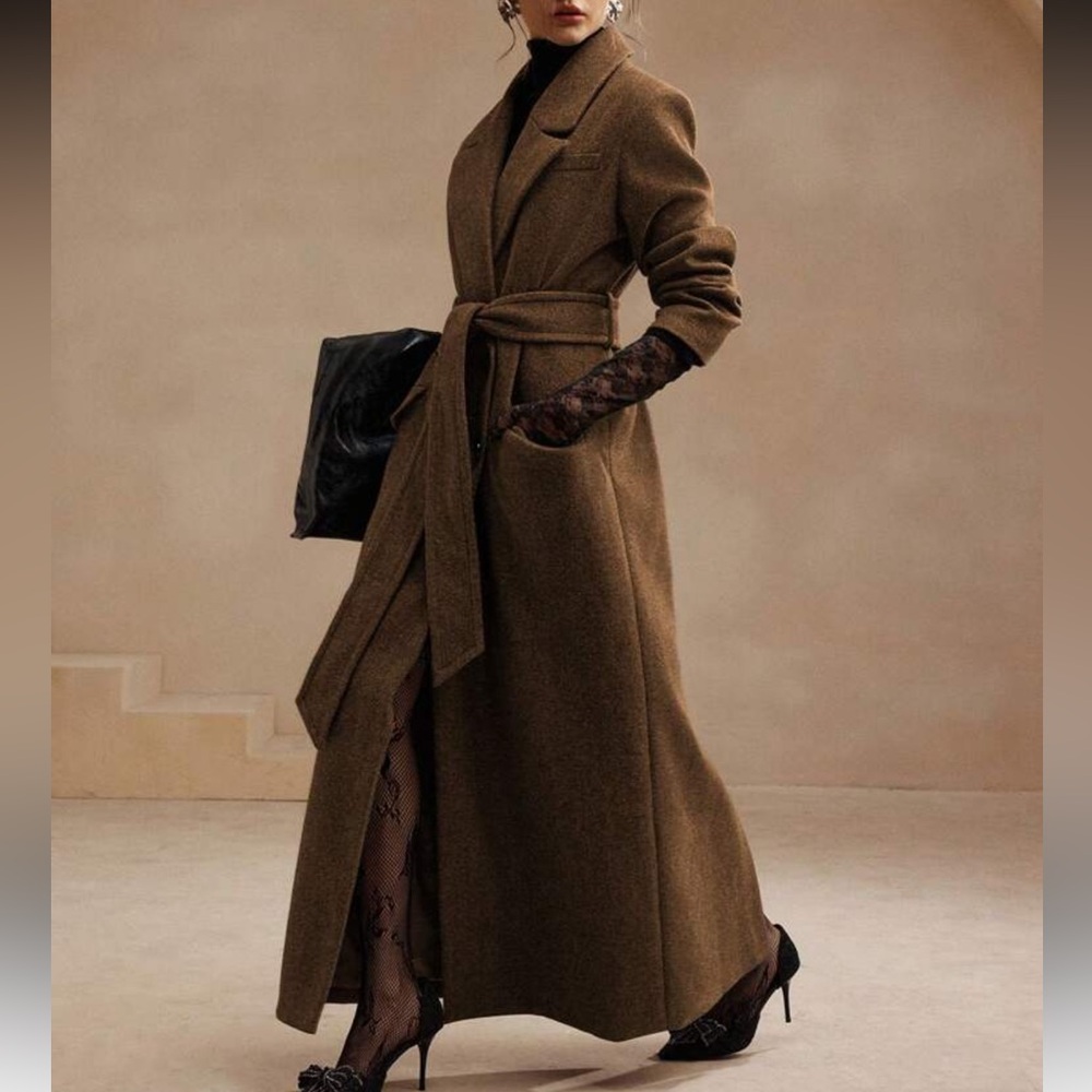 Luxury Long Pea Coat Belted Jacket dark Brown - Picture 2 of 13